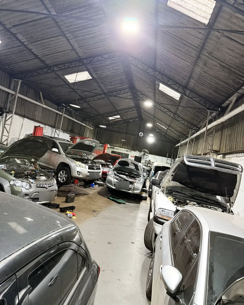 Galpão da Cali Garage com vários carros em serviço nos elevadores